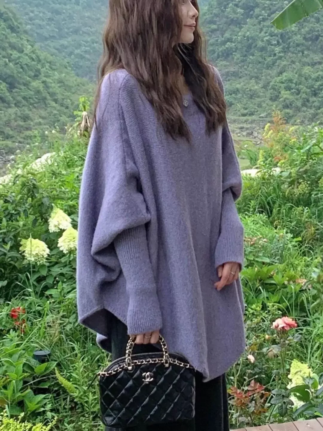 パープルニットカウルネックセーターコートカジュアル秋新作スリーブソフトレイジートップ万能カバーアップアウターウェア女性用