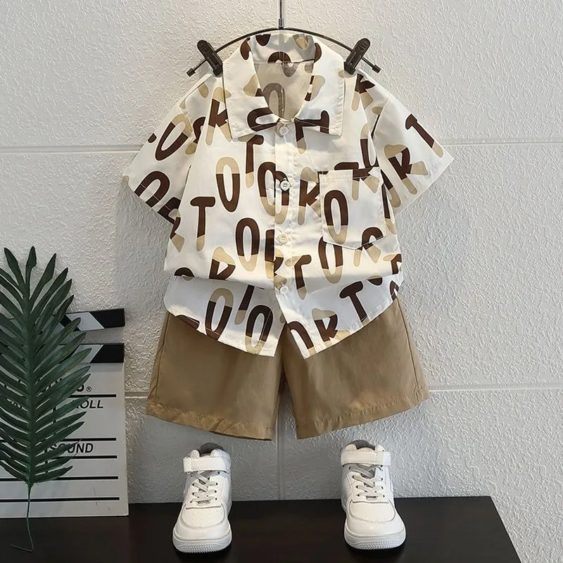 2026 Boys Summer Shirt Set Trendy Short Sleeve Toddler Boys Summer Clothing Stylish Edgy Design Pure Cotton Baby Boy Summer Suit