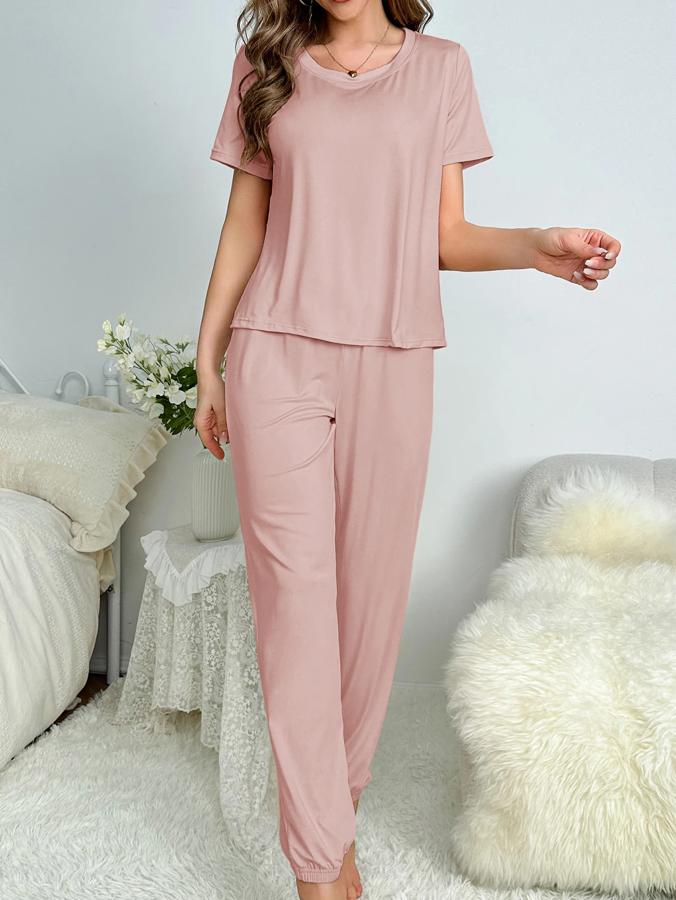 Women\'s new style pajamas short sleeve trousers elegant casual two-piece solid color home wear