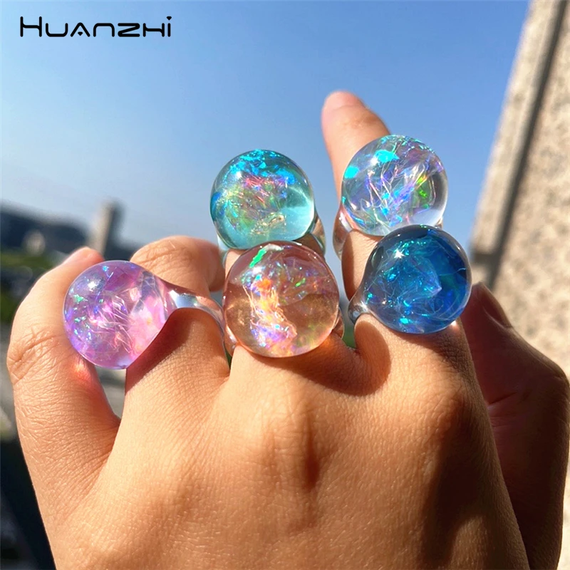 HUANZHI Colorful Transparent Resin Ring Bling Shine Geometric Star Ball Rings for Women Girls Cute Y2K Summer New Jewelry