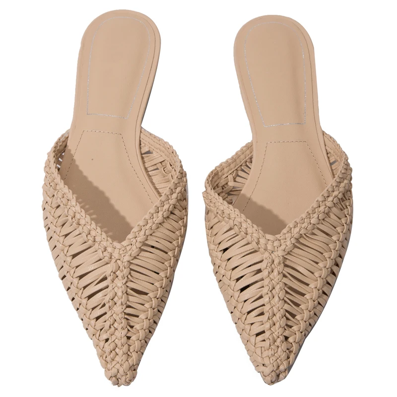 Modern Slippers 2023 Summer New Style Woven Pointed Flat Sandals French Half Mops Women\'s Fashionable Mueller Shoes Slides