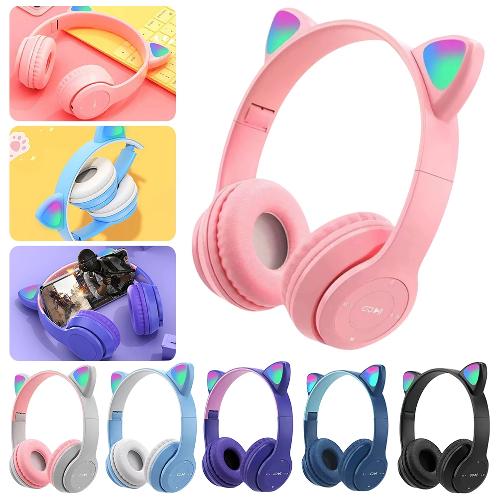 P47M Wireless Bluetooth Headset Gamer Cat LED Light Foldable Noise Cancelling Earbuds Wireless Headphones Bluetooth Earphones