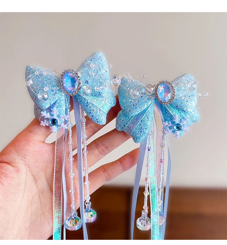 2er-Set Prinzessinnen-Haarspangen für Kleinkinder, Glitzer-Schneeflocken-Quasten-Strass-Haarspangen, schmerzfreie Haarspangen für Kindergeburtstage – Detail 7