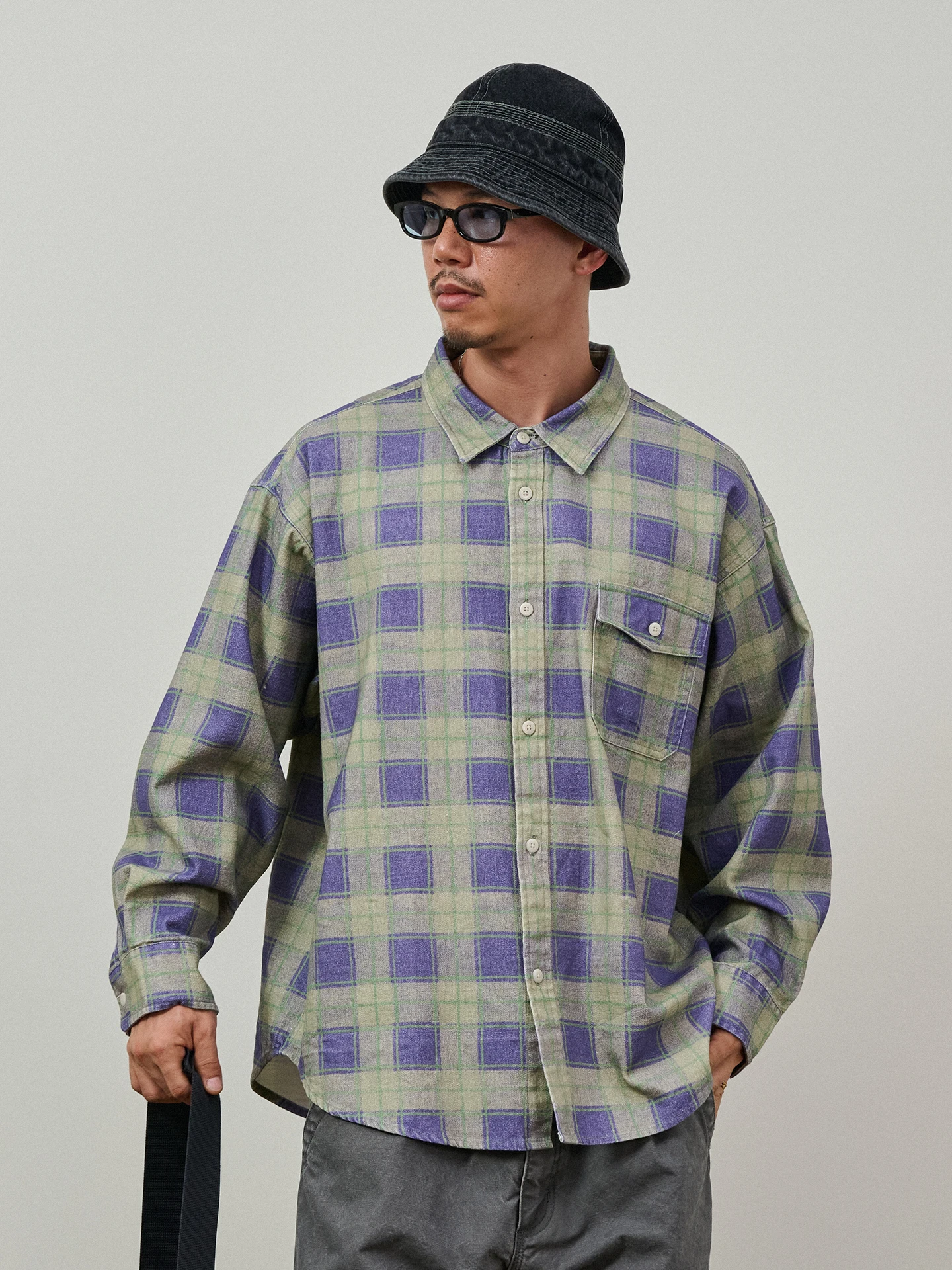 Broshood Loose Fit Casual Cotton Flannel Long Sleeve Shirt Jacket Lightweight Brushed Print Plaid Youth Fashion Citywalk