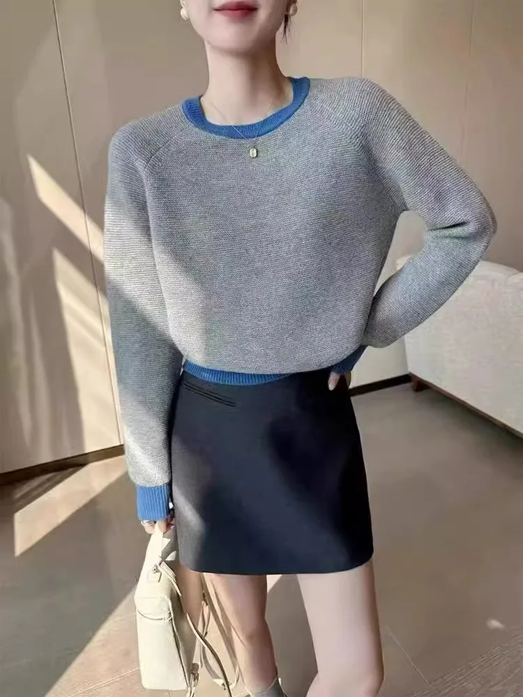 Beautiful superior color cashmere sweater women's crew neck pullover sweater short shoulder long sleeve knit bottom sweater