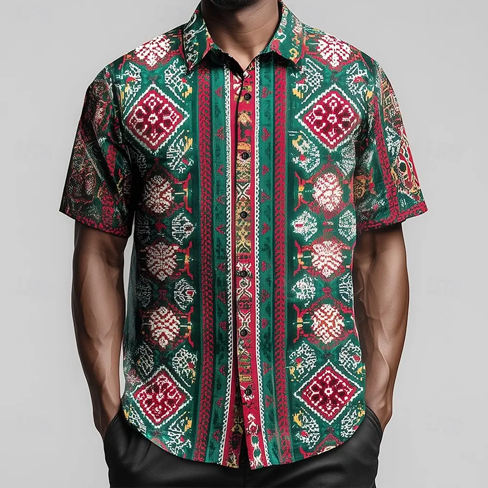 Men's Turndown Collared Print Shirt Geometric Pattern Mexico Soccer Short Sleeve Button Up White Green Casual Streetwear Summer