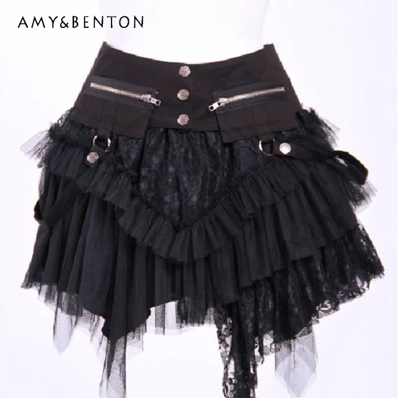 

Original Design Gothic Irregular Skirt 2025 New with Waist Seal Sweet Cool Fashionable Sexy Two-piece Short Gauze Skirts Ladies