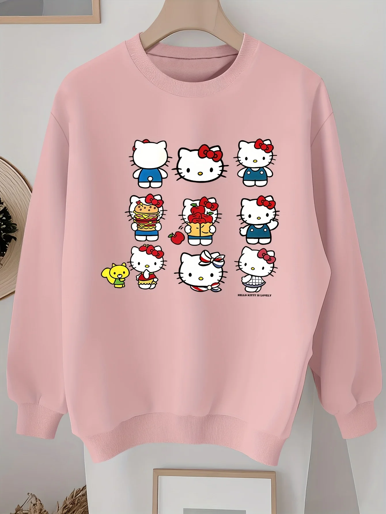 سويت شيرت نسائي من Sanrio Hello Kitty برقبة دائرية، بلوفر للجنسين من الصوف كاجوال للخريف والشتاء، ملابس خروج كبيرة الحجم