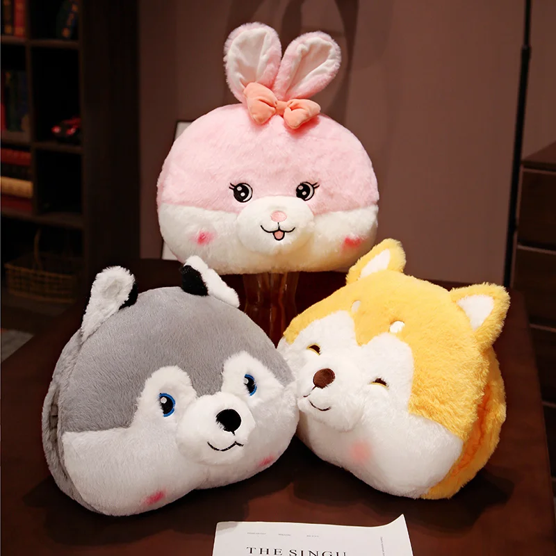 Funny Cute Soft Stuffed Fluffy Shiba inu Husky Rabbit Panda Dolls Pillow Handwarmer Plush Animals Head Toys Winter Keep Warm