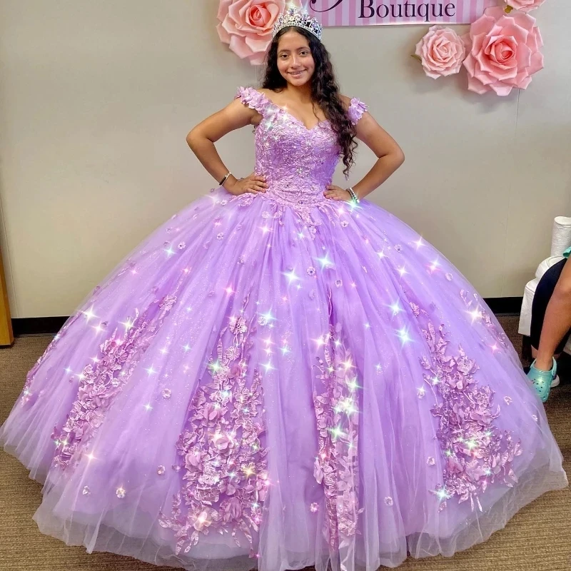 Luxury Sequins Lavender Quinceanera Dresses Vestidos De 15 Anos Off-Shoulder Applique Lace Beading Formal Princess Gown