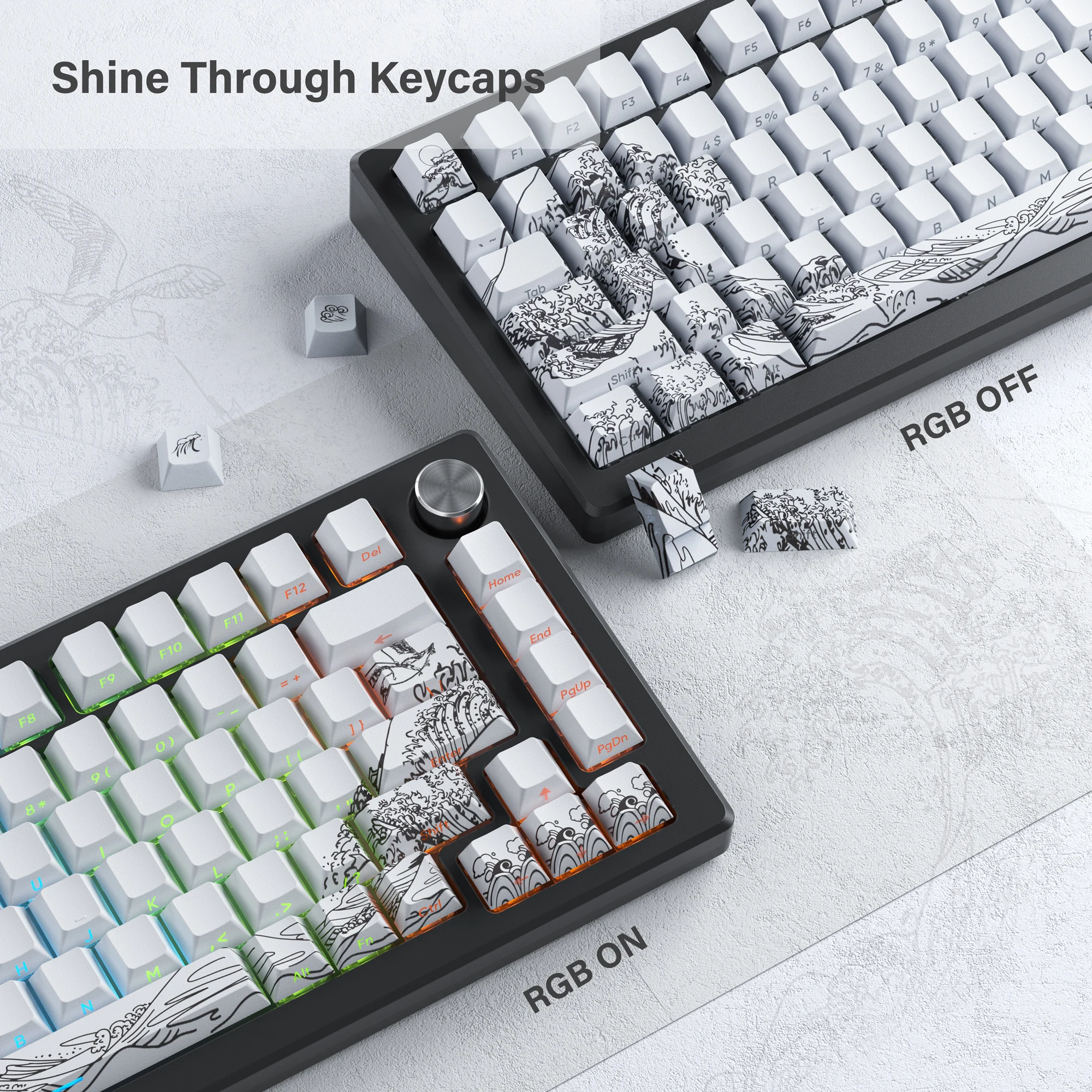 XVX White Coral Sea Shine Through Keycaps PBT Dye-Sub Side Print Keycaps Cherry Profile Custom Wave Kanagawa Keycaps 127 Keys