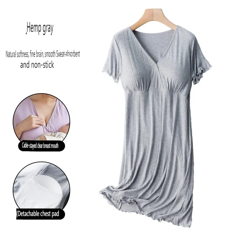 Maternity Nursing Nightgown With Padding Summer Maternity Sleep Dress Thin Postpartum Breastfeeding Home Wear For Comfortable