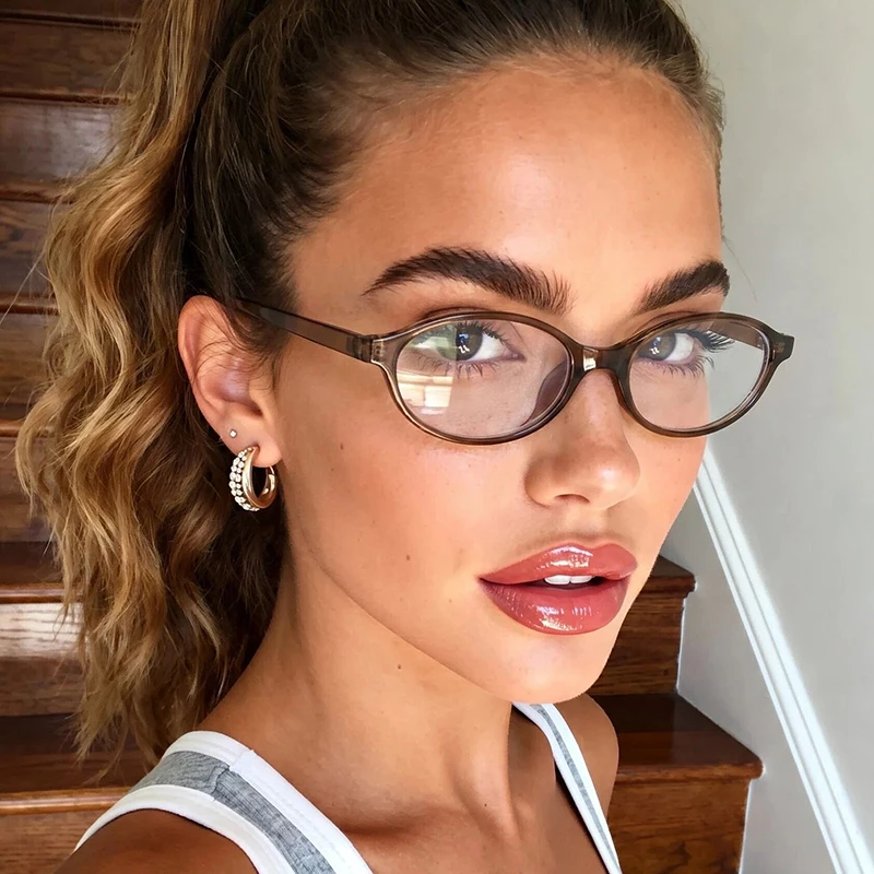 1pc chic brown transparent oval glasses, easy and versatile daily styling, the same style for men and women