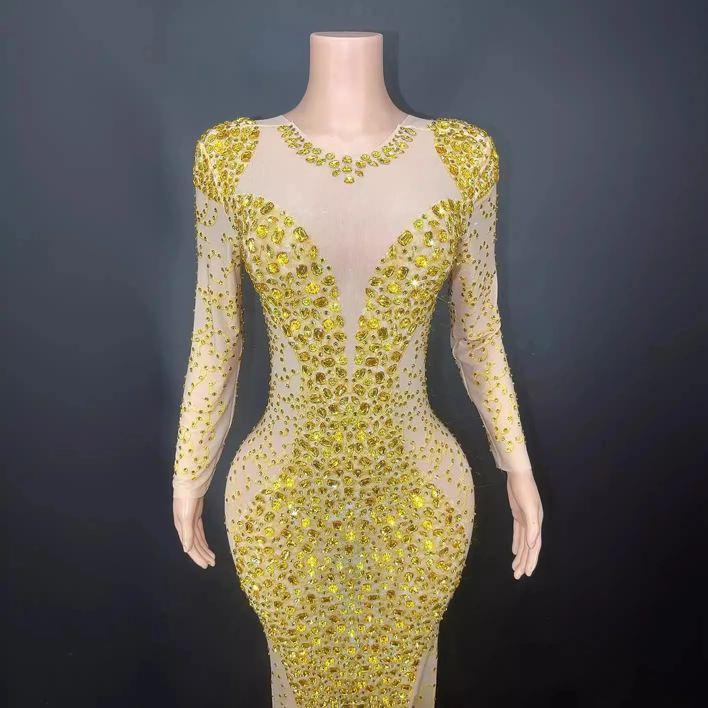 วันเกิดเพชรแขนยาวหรูหราชุด SHINY GOLD PARTY ผู้หญิง Abendkleider Damen Elegant Vestidos De Fiesta Grad