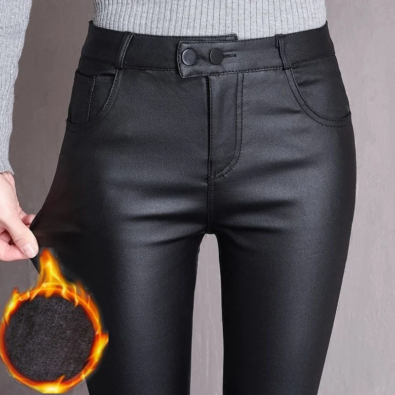 Women Leggings Winter Warm Leggings Plus Velvet Matt Faux Leather Skinny Sexy Leggings High Waist Long Black Pencil Pants C335