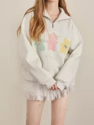 QWEEK American Retro Kawaii Bear Embroidery Hoodies Women Coquette Y2k Cute Student School Gray Sweatshirt 2024 Autumn Fashion