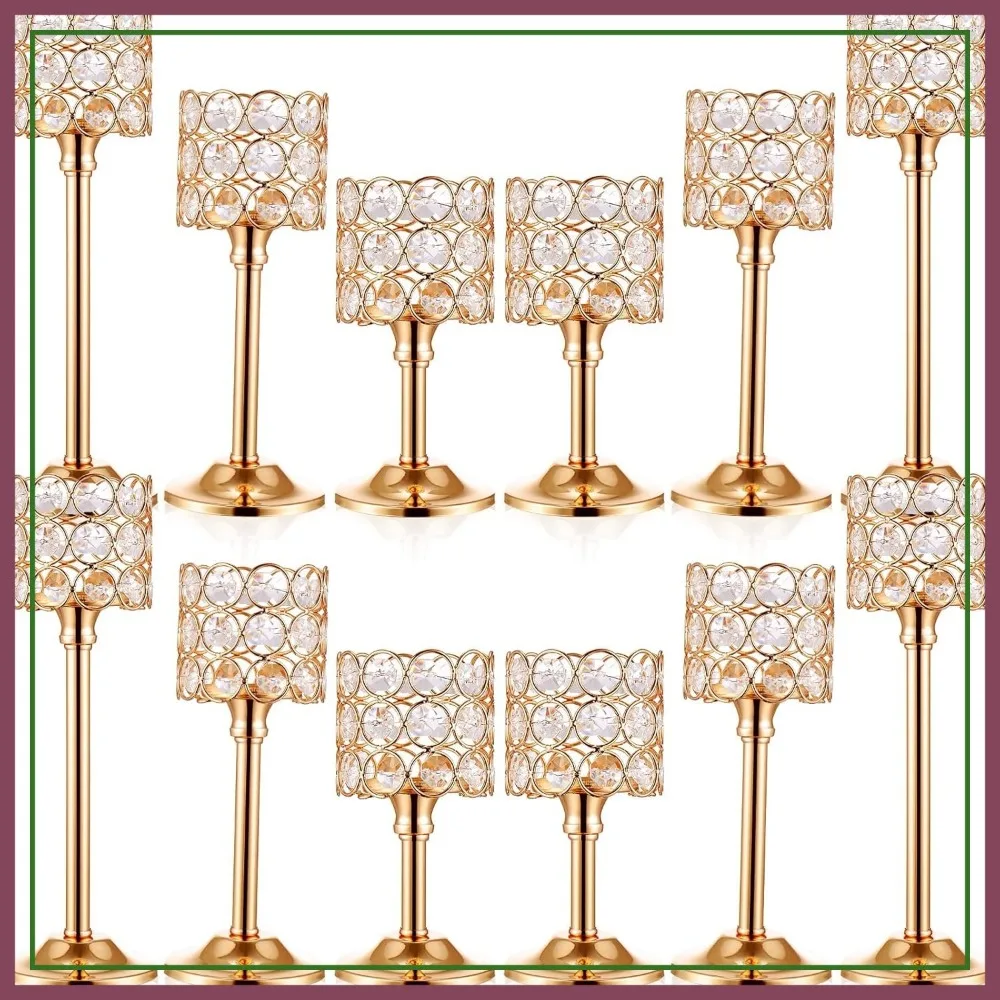 

12 Pcs Gold Crystal Candle Holders Set 3 Sizes Tall Candlestick for Wedding Party Table Centerpiece Decor