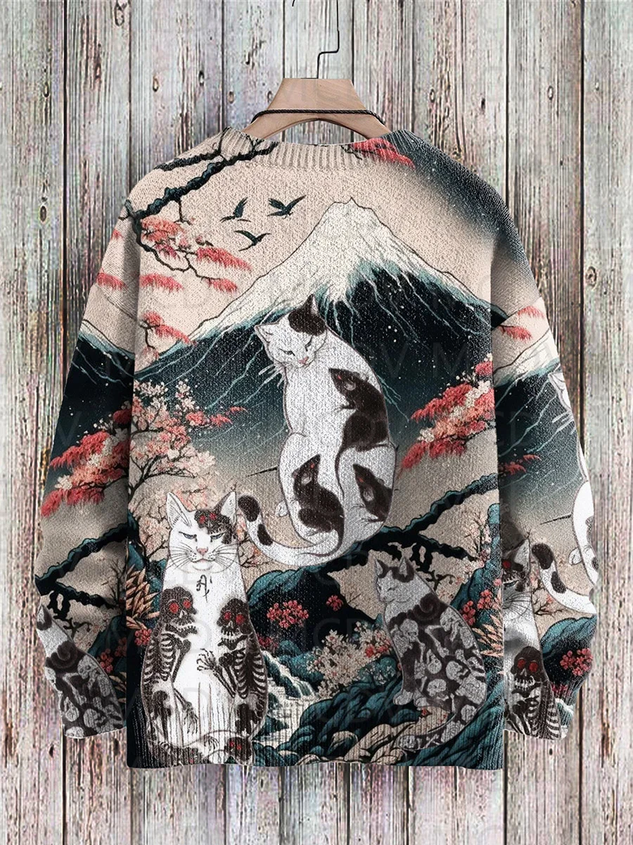 Retro Japanese Style Painting Cat Art Casual Print Knit Pullover Sweater Women For Men Sweater