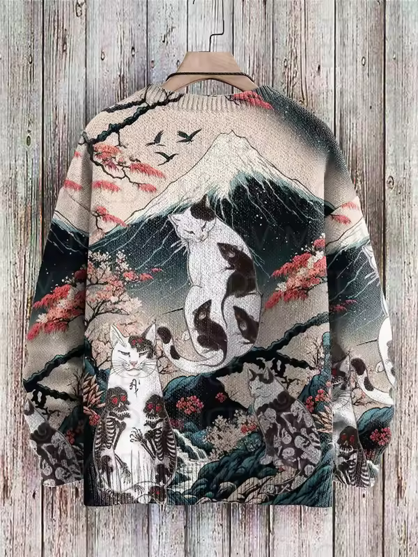 Retro Japanese Style Painting Cat Art Casual Print Knit Pullover Sweater Women For Men Sweater - Image 6