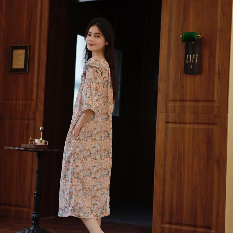 Pure Cotton Double-layer Gauze Cute NightDress Women Long-sleeved Lotus Leaf Collar Printed Nightgown Lazy Style Summer Dress