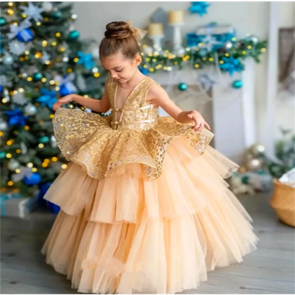 Vestido de encaje de tul sin mangas A + para niña, vestido de flores en capas, Bola de princesa, desfile de belleza, primera comunión, regalo de cumpleaños sorpresa para niños