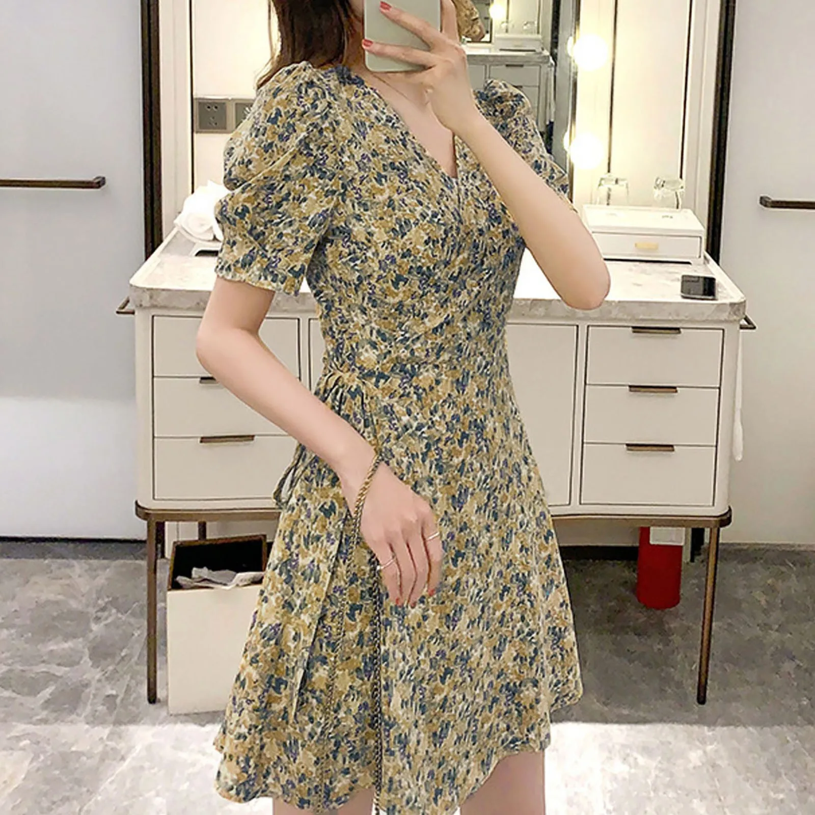 

Women Floral Dress 2024 Summer Fashion Elegant Waisted Dress Vintage Students Casual All-Match Knee-Length Short Sleeve Dresses