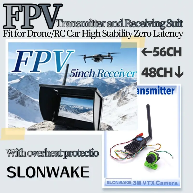 SLONWAKE 5.8G 3W Video VTX Transmitter 1200TVL 2.5mm lens Camera With 5inch Receiving Display screen.for FPV RC Playing Drone.