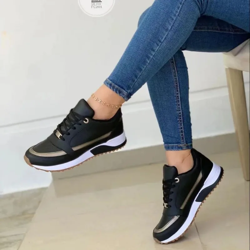 Autumn Ladies Sneakers Casual Breathable Solid Color Thick Sole Sneakers Fashion Running Walking Lace Up Sneakers Plus Size 43