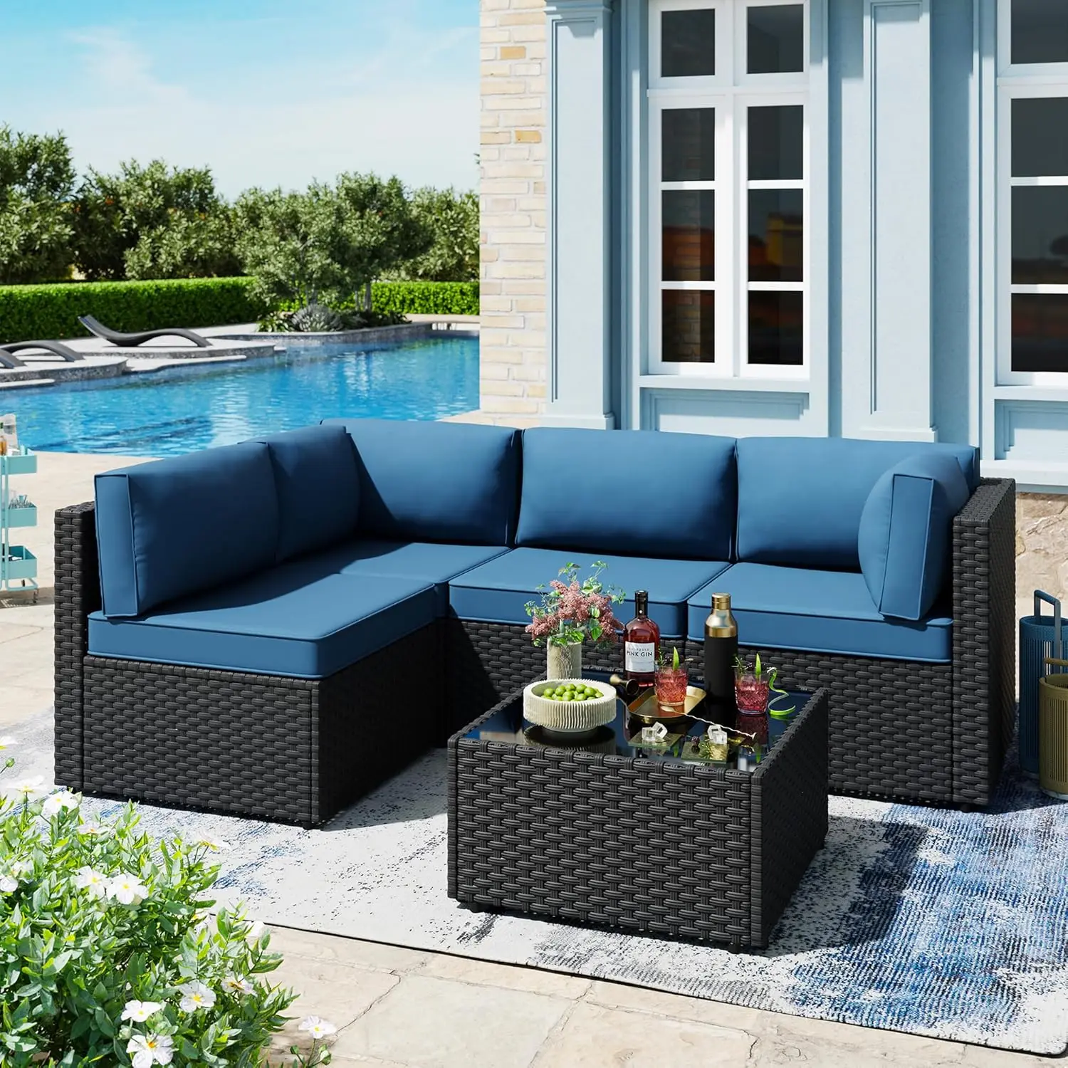

5pcs Patio Outdoor Furniture Sets Conversation Set,Low Back All-Weather Rattan Sectional Sofa with Tea Table&Washable Couch