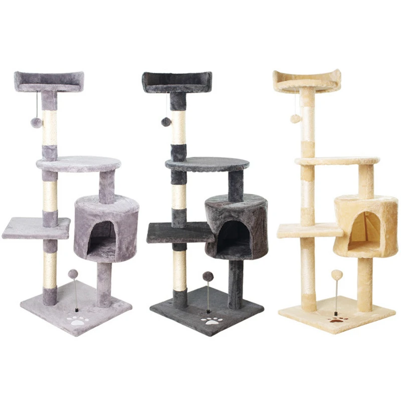 Cat Climbing Frame Wooden Soft Plush Fabric Cat Tree House 4 Tier Tower Apartment Sisal Jumping Platform Fun Kitten Toys