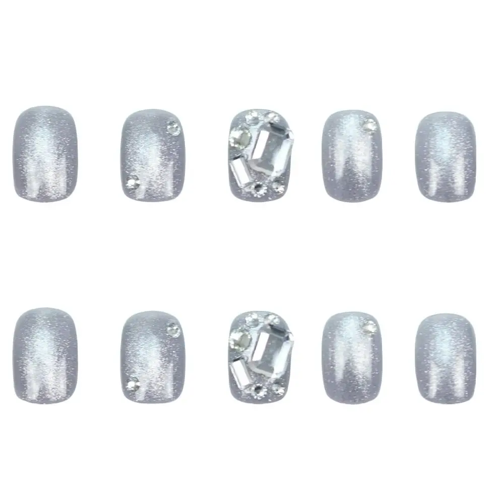 Unhas postiças com design olho de gato, 24pcs, destacável, flor branca, quadrado curto, francês, diy