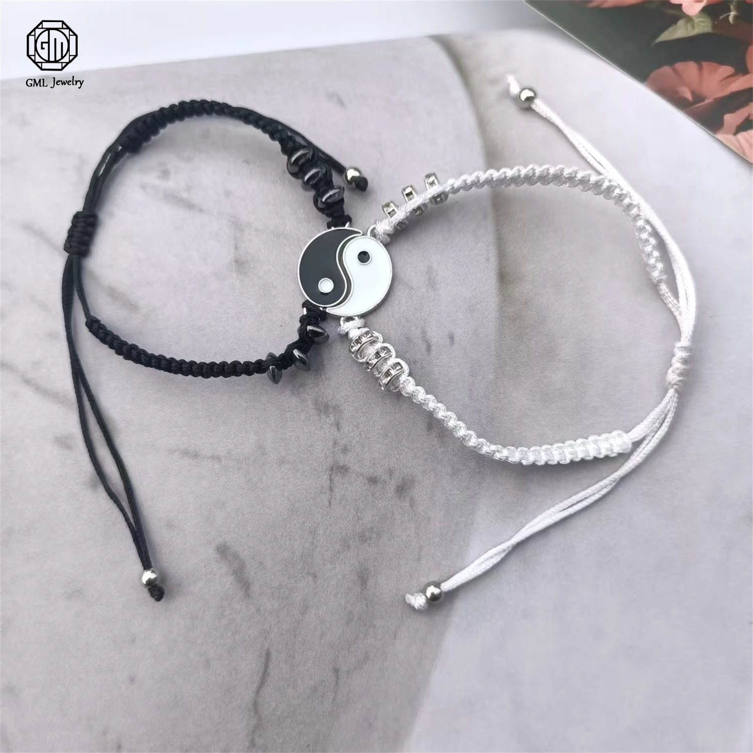 Taiji Yin Yang Braided Cord Bracelet Adjustable Black White Matching Pair Unisex Couple Gift Chinese Traditional Jewelry Set