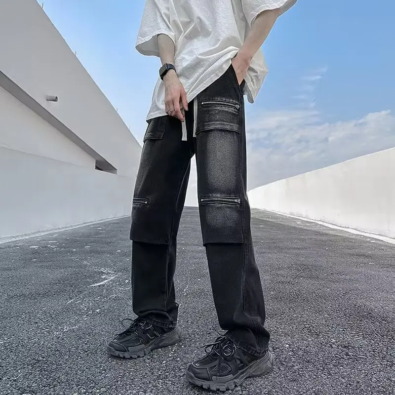 

Japanese-Style High Street Jeans Men's Zipper Multi-Pocket Workwear Trousers Vibe Heavy Industry Wide-Leg Straight Pants Casual