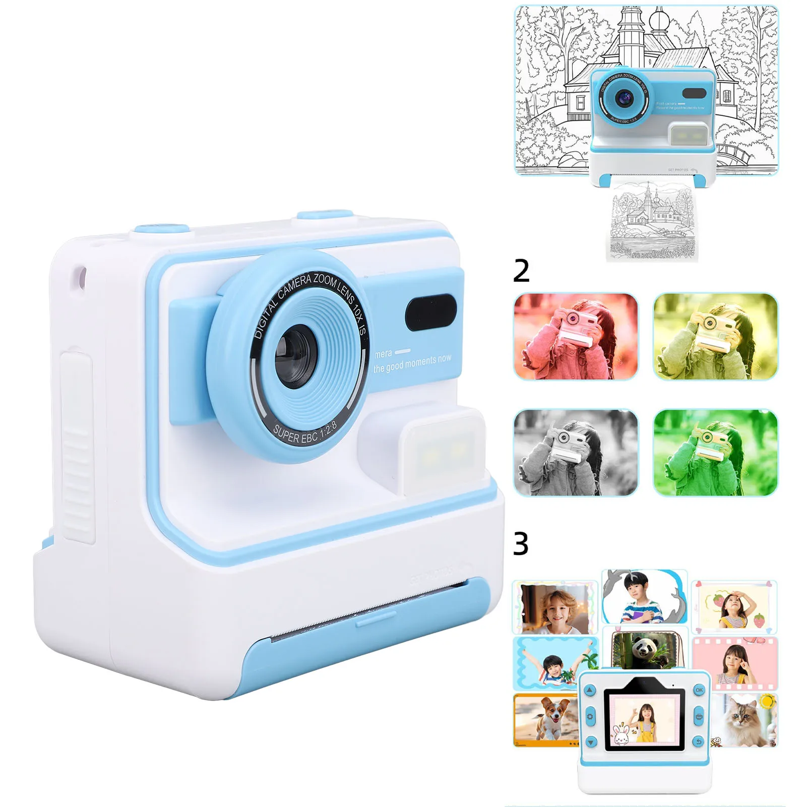 インスタントプリントカメラ-マルチズーム鮮明な画質-24インチスクリーン-1000mahバッテリー-キッズデジタルカメラ-プリント用紙付き-男の子-女の子向け