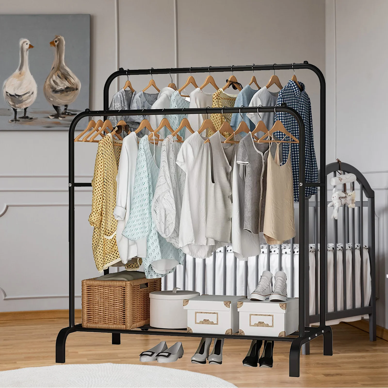 Clothes Rack Double Rods Multi-functional Freestanding Bedroom Clothing Rack Metal Clothing Garment Rack with Wheel/Shelves
