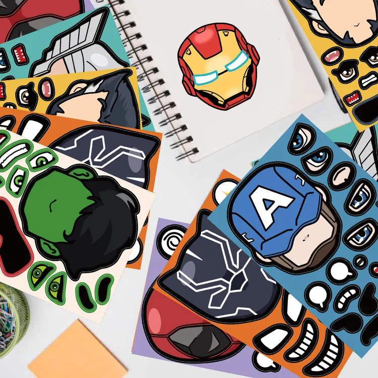 8pcs Super Hero DIY Puzzle Stickers Make A Face Funny Cartoon Sticker Decals Assemble Jigsaw Children Boy Toy Gift Stiker