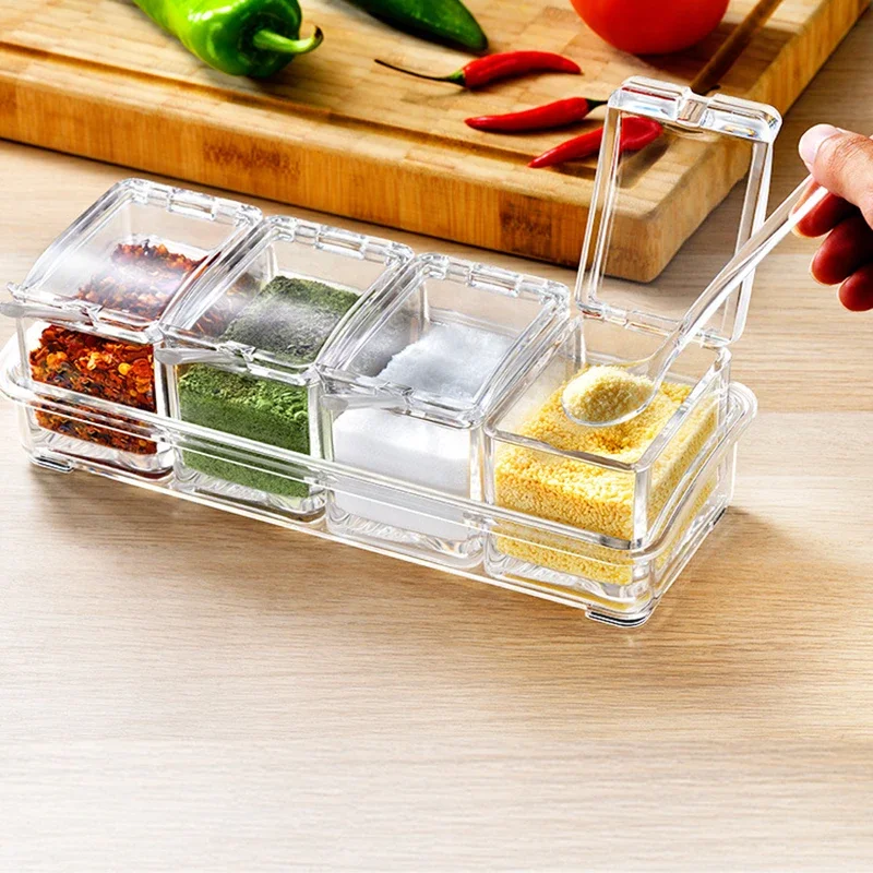 

Kitchen Four-compartment Spice Box Set Transparent Spice Jar Salt and Sugar Seasoning, Spoon Box