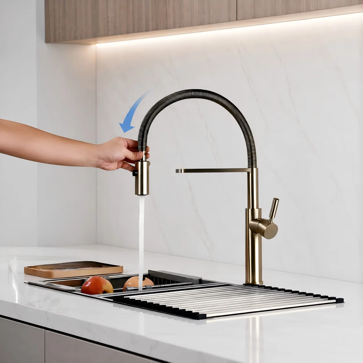 brushed gold, brass, kitchen faucet, single lever, pull out, spring spout, 360° swivel, hot cold water, 1 hole, sink mixer tap