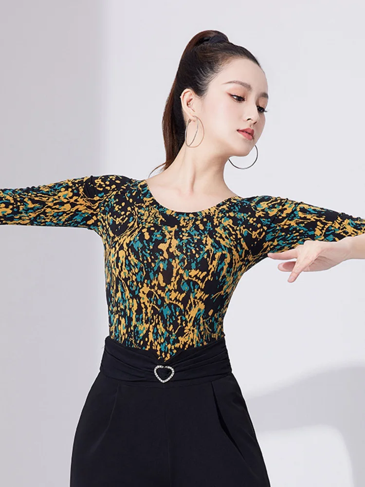 Künstlerisches Muster, mittelärmeliges Tanzoberteil für Damen, Jazz, zeitgenössisches, figurbetontes Probe-Shirt, Performance-Outfit