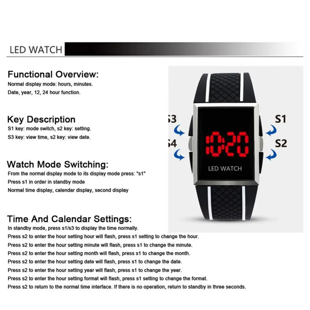 Unisex Digital LED esportes relógio de pulso retangular, data display, ajustável