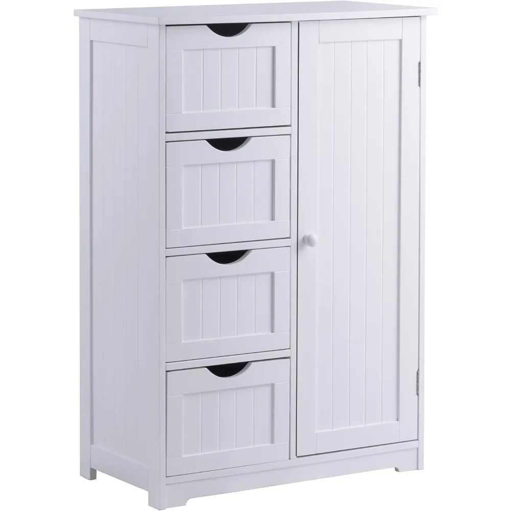 

Напольный шкаф для ванной комнаты, многофункциональный шкаф для хранения с 4 ящиками и 1 дверью, деревянный боковой органайзер для хранения