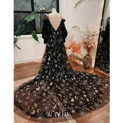 Cathy Mysterious Puffy Sleeve Prom Dress 2023 Vestidos De Noche Black Star Embroid Prom Gown Tulle Sweep Train فساتين السهرة