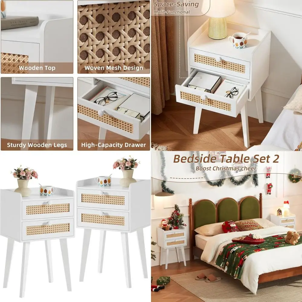 

Набор из 2 белых тумбочек с 2 ящиками, прикроватные тумбочки с акцентом на ножках из массива дерева в стиле бохо, подходят для спальни, гостиной