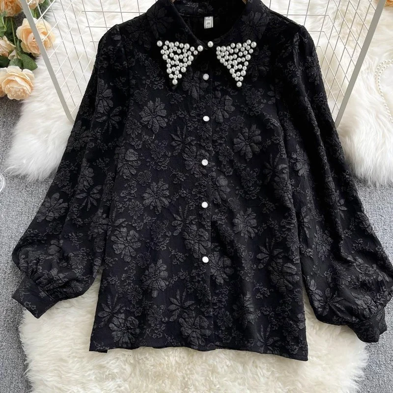 Shirts Women Pearl Appliques Retro Classic Elegant Fashion Cozy Streetwear Office Lady Korean Style Prevalent Spring New Рубашки