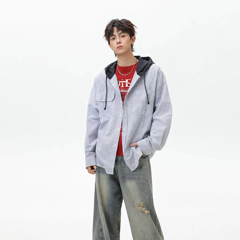 

Seersucker Stripe Shirts Men Women Streetwear Loose Casual Long Sleeve Hooded Shirts Campus Boys Girls Oversize Shirt Coat