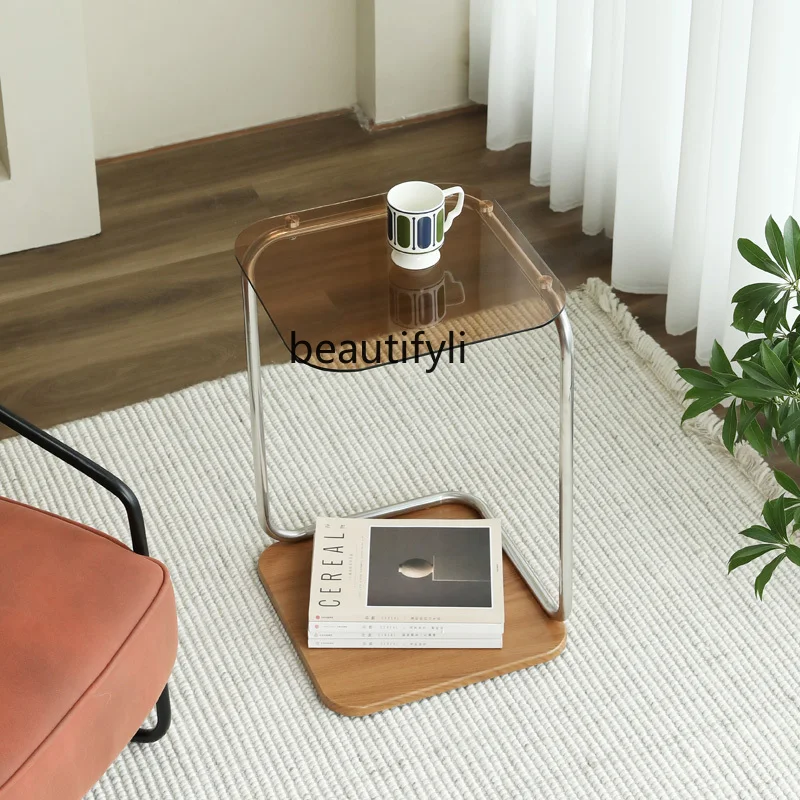 zq Minimalist Side Table Creative and Slightly Luxury Stainless Steel Mini Small Coffee Table Glass Corner Table Storage Rack