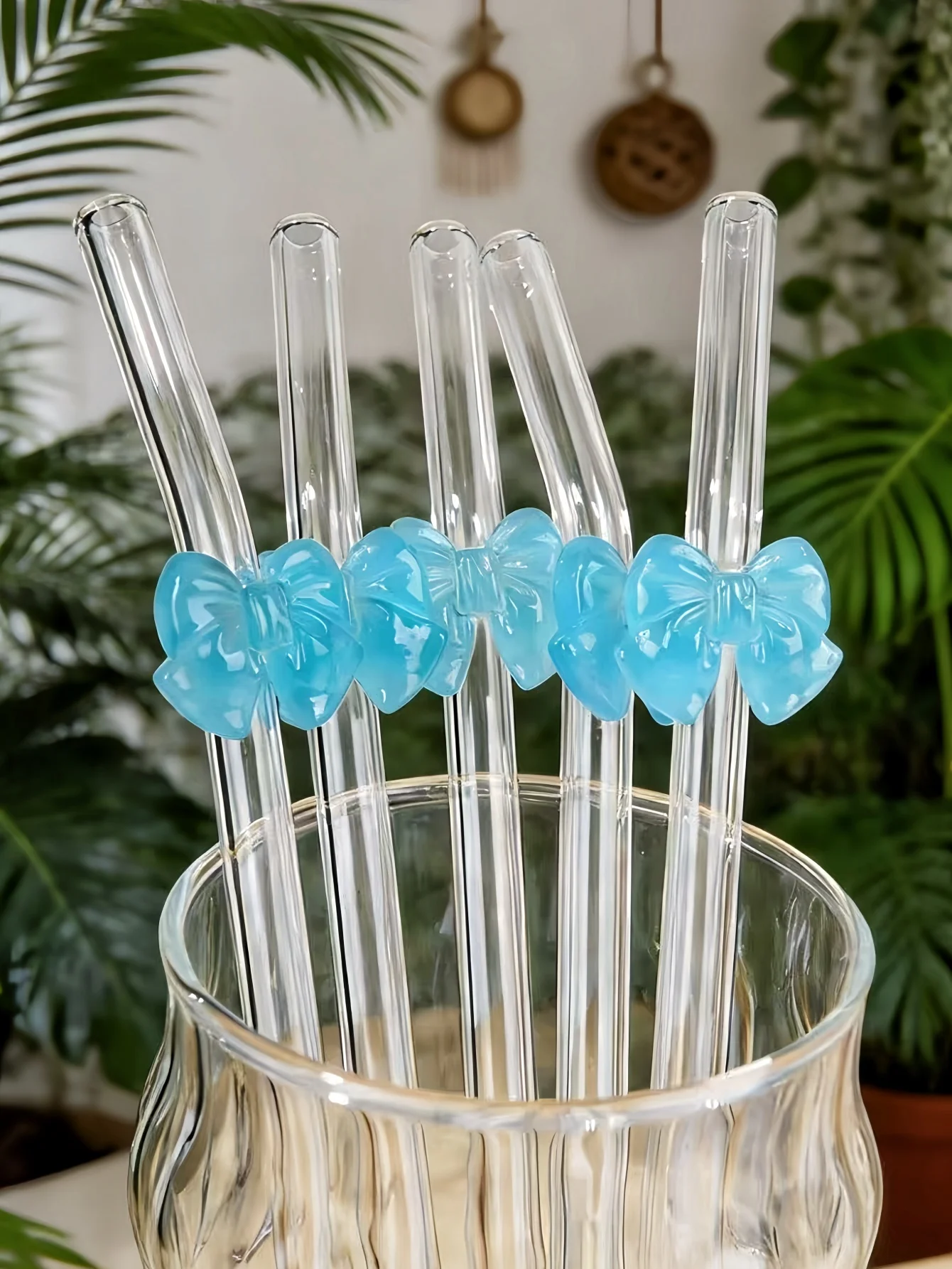 Pajitas de vidrio con decoración de lazo azul vintage, 1/3/7 piezas, perfectas para té, café, batidos helados, regalo ideal para novia