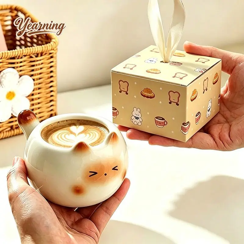 Cute Siamese Cat Ceramic Mug in Gift Box for Bestie Birthday Present High Value Coffee Cup for Women