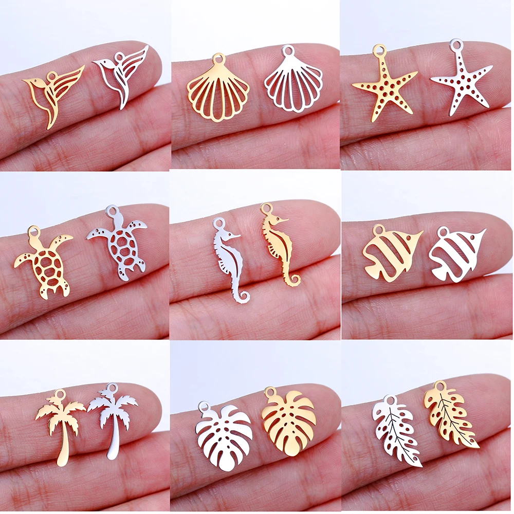 5pcs Stainless Steel Tropical Marine Life Seahorse＆Sea Turtle＆Starfish＆Shell Charms Pendant DIY Jewelry Accessories Wholesale