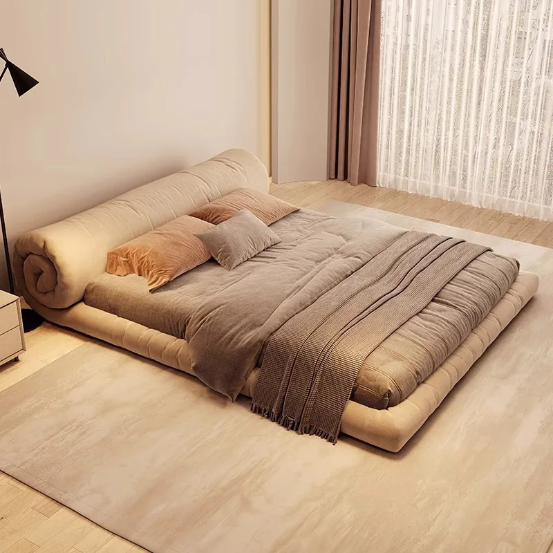 

Luxury Soft Nordic Modern Simple Wind Flower Roll Bag Floor Beds Velvet Double Bed Cream Wind Flower Roll Bag Floor Bed 2 People